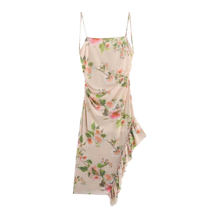 Cumulys - Spaghettibandjes bloemenprint ruches asymmetrische midi-jurk