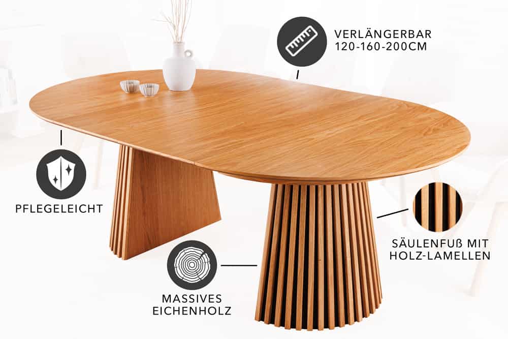 Ausziehbarer Esstisch VALHALLA WOOD 120-160-200cm natur Eichenholz oval Säulenfuß