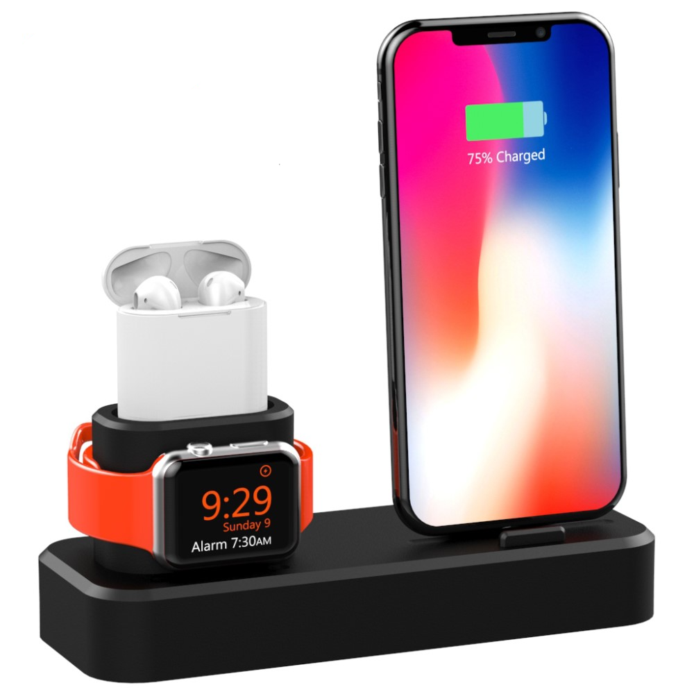 3in1 Silikon Ladeständer Charger Base Kabel Halterung für iPhone / AirPods / Apple Watch - Schwarz