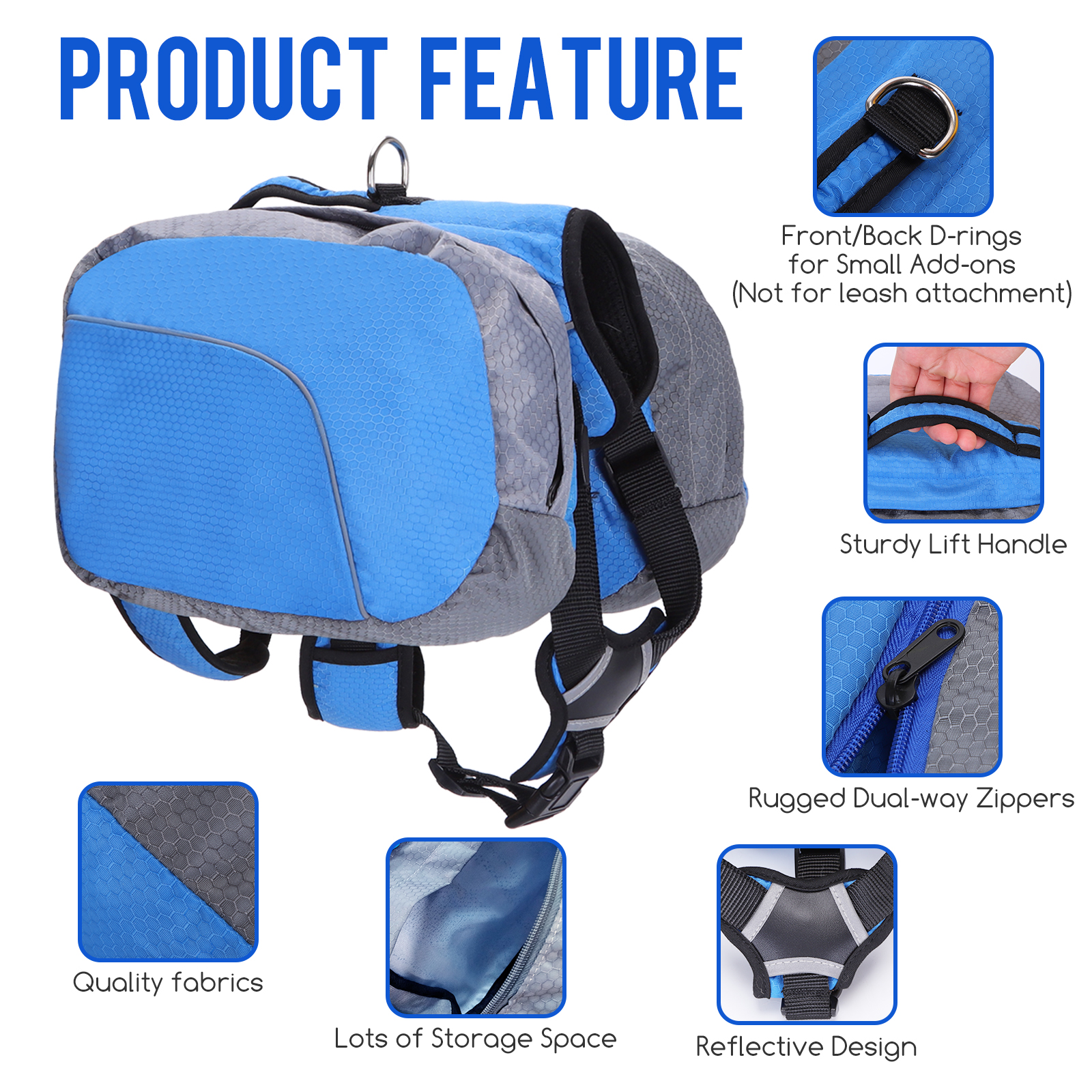 Nobleza - Mochila Colete com Arnês para Cães, Bolsa de Ombro Ajustável, Bolsa de Transporte para Caminhadas, Trekking e Camping com Faixa Refletora para Animais de Estimação, Azul - Tamanho G