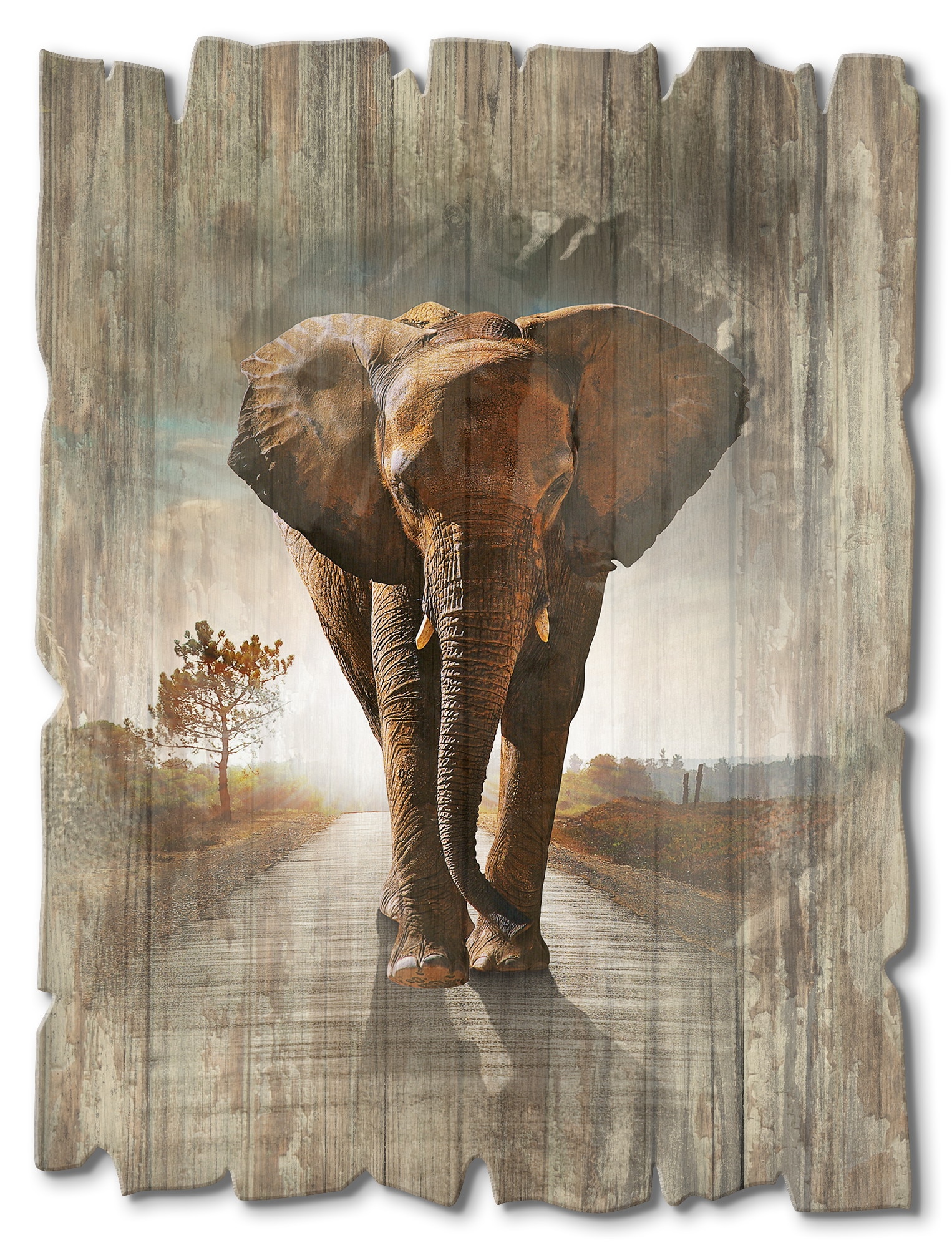 Artland Holzbild »Ein Elefant läuft auf der Strasse« Wildtiere 1 Stk. tlg.
