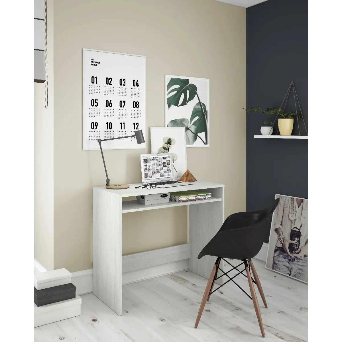 Alter Bureau avec étagère fixe - Blanc et bois