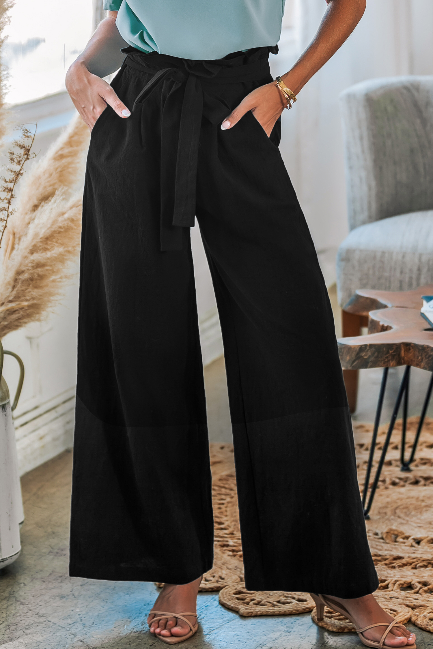 Pantalon en pur coton à poches et jambes larges noir