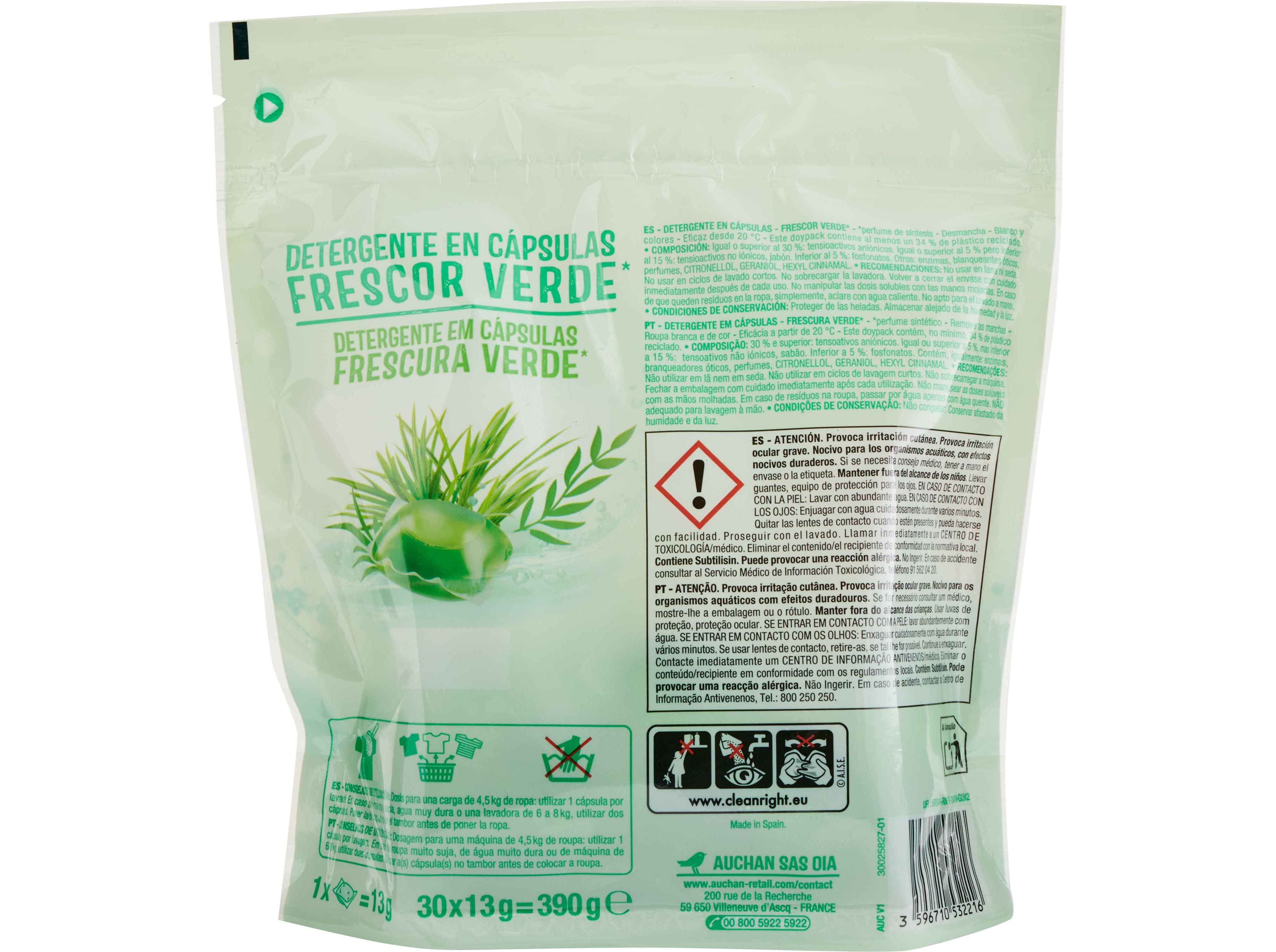 DETERGENTE ROUPA AUCHAN CÁPSULAS FRESCURA VERDE 30 DOSES