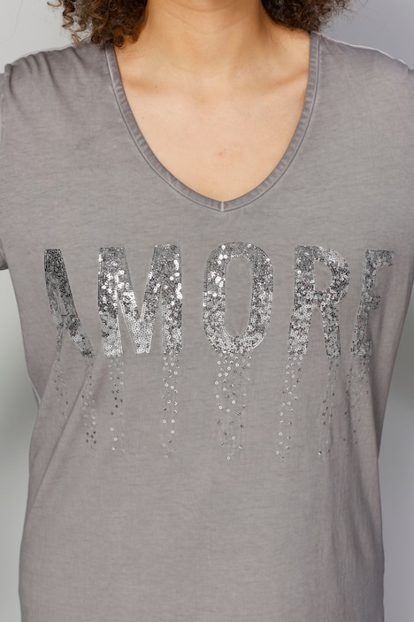 T-Shirt, AMORE Pailletten, V-Ausschnitt, 3/4-Ärmel