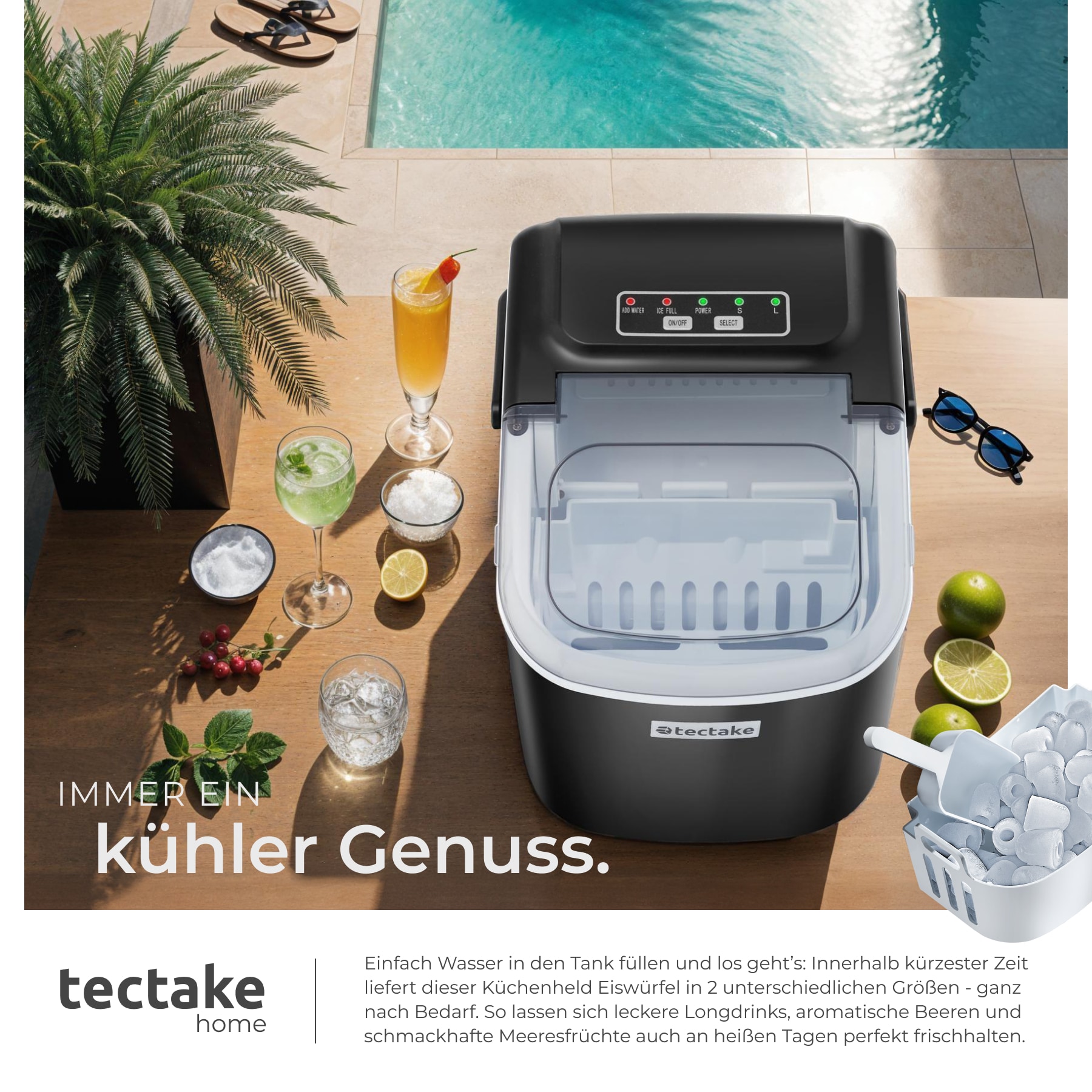 tectake® Eiswürfelmaschine, 1,2 l Wassertank, 2 Eiswürfelgrößen, 2 Assistenzsysteme, mit Reinigungsprogramm, inklusive Eiskorb und Eisschaufel