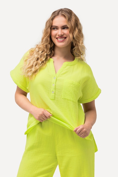 Musselin-Bluse, Oversized, Tunika-Ausschnitt, Halbarm