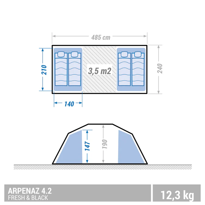 Decathlon Quechua - Barraca de Camping Familiar Impermeável Quechua Arpenaz Fresh & Black para 4 Pessoas com 2 Quartos
