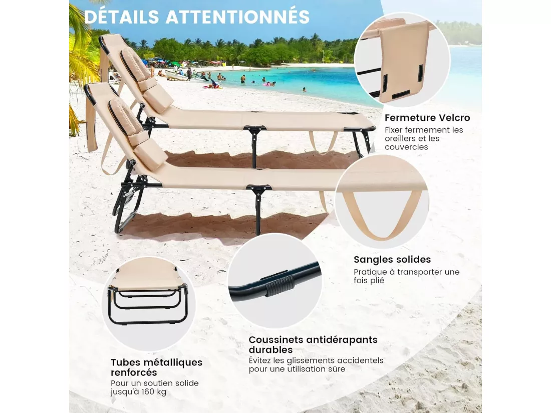 Chaise Longue Pliante Réglable à 5 Positions avec Trou pour Visage, Bain de Soleil en Tissu et velours Oxford 3 Coussins Amovibles Charge 160KG, pour Piscine Plage Cour CamBoisg (Beige)