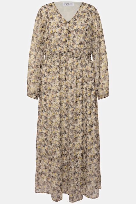 Maxikleid, A-Line, Leo Minimal, V-Ausschnitt, elastische Taille, Langarm