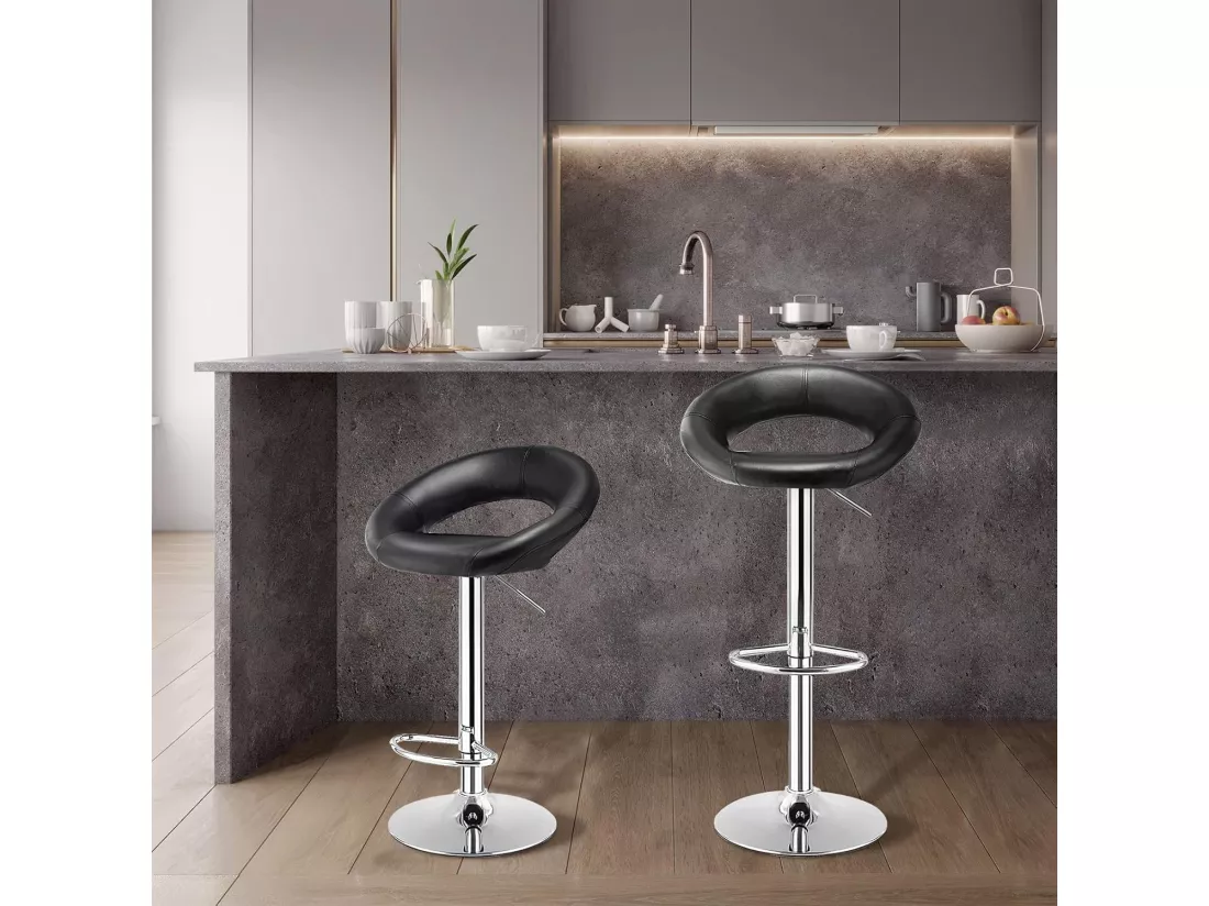 Lot de 2 Tabouret de Bar, Chaise de Bar Pivotante avec Repose-pieds, Hauteur Réglable 77-98 CM, Chaise Bar en Similicuir Moderne, Cadre en Métal, Tabouret de Cuisine pour Îlot, Bistrot