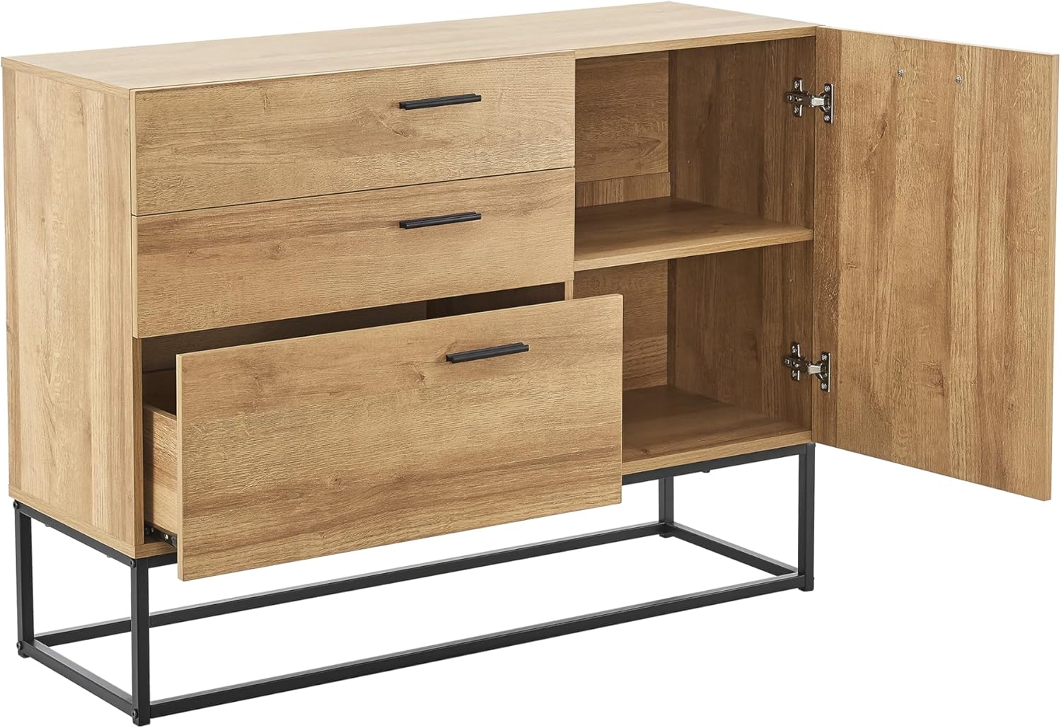 [en.casa] Sideboard Lavangen Wohnzimmerschrank mit 1 Tür und 3 Schubladen Kommode Buffetschrank mit Verstellbarer Ablage 75 x 100 x 35 cm Eicheoptik
