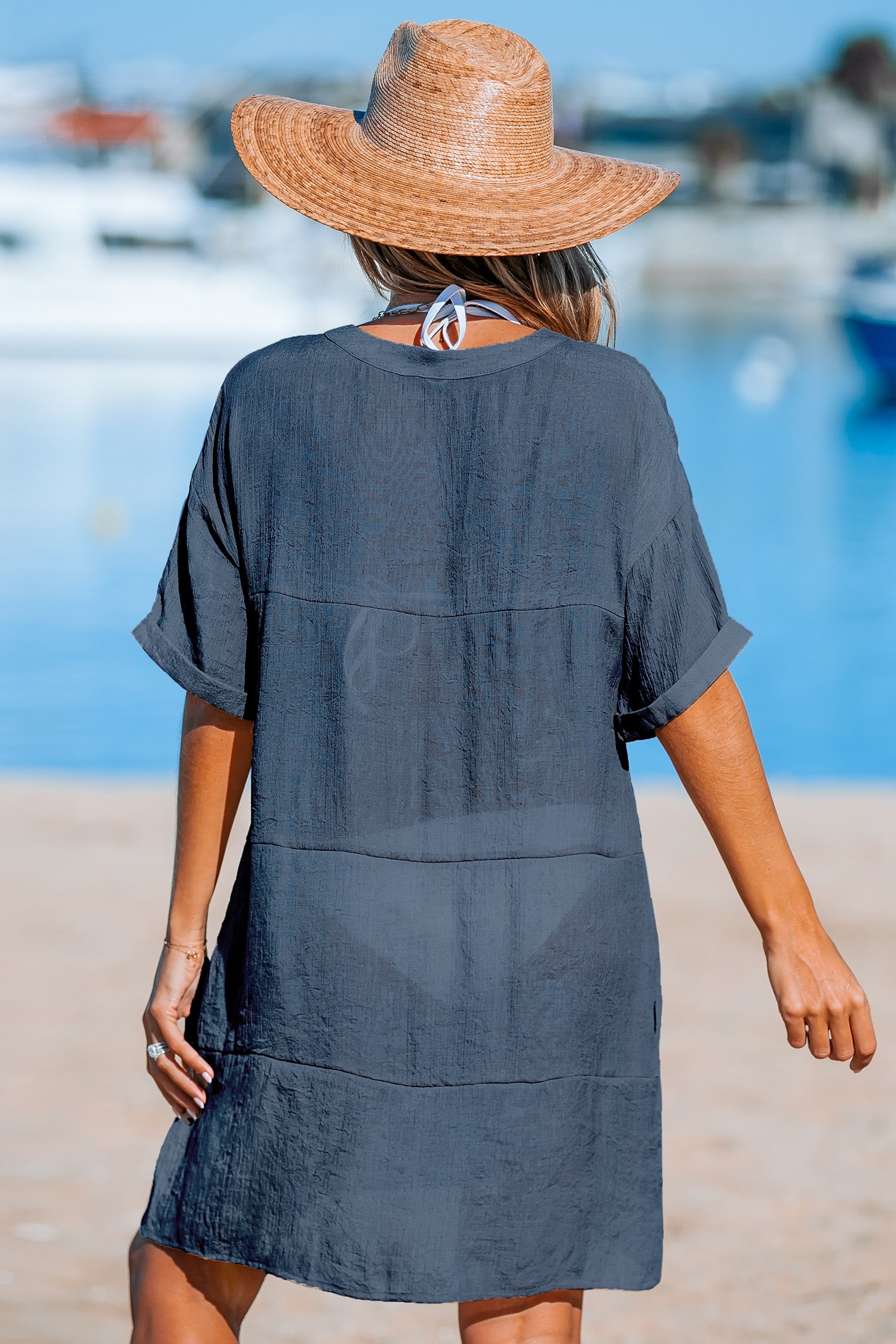 Robe cover up à manches courtes et col en V bleu marine