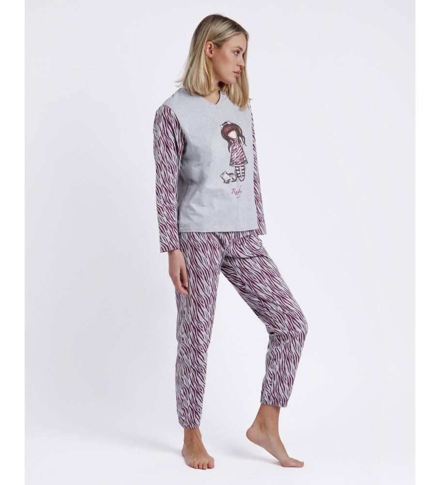 Pijama Santoro de manga comprida, cor Ruby Wild cinza