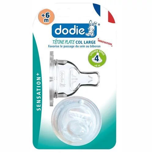 Sensation+ tétines plate col large 6 mois et + débit 4 liquide épais Dodie – X 2