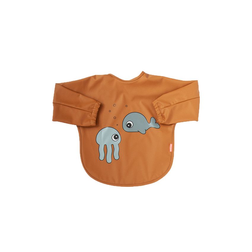 Bavoir-tablier à manches longues 6/18M Sea Friends - Moutarde/Gris - Ecru