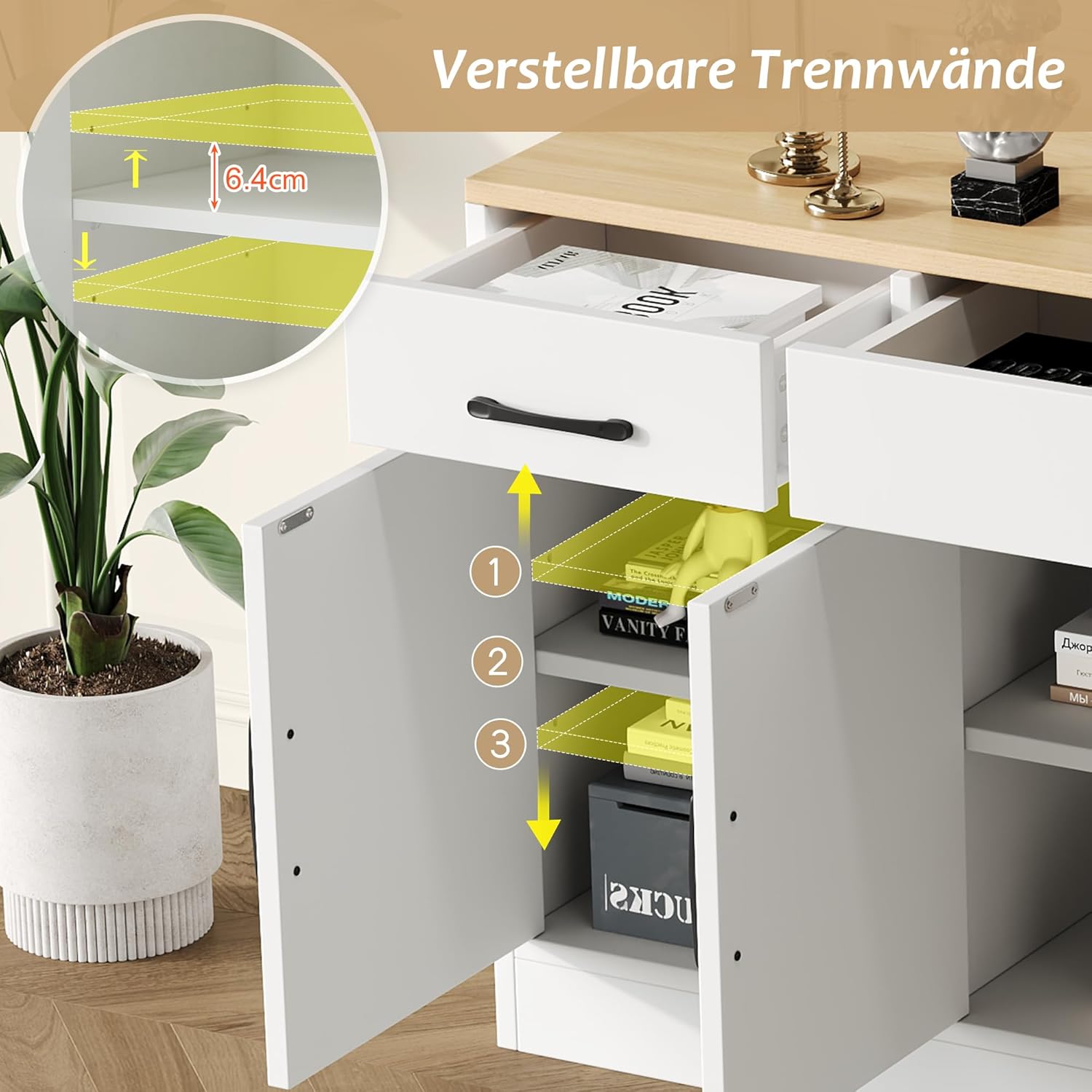Wiuzo Modernes kommode weiß, Sideboard mit 3 schubladen& 4 Tür, 160x 37 x75 cm Multifunktionsschrank aus Holz, Wohnzimmer esszimmer Schrank, weißes Sideboard mit Dekoration