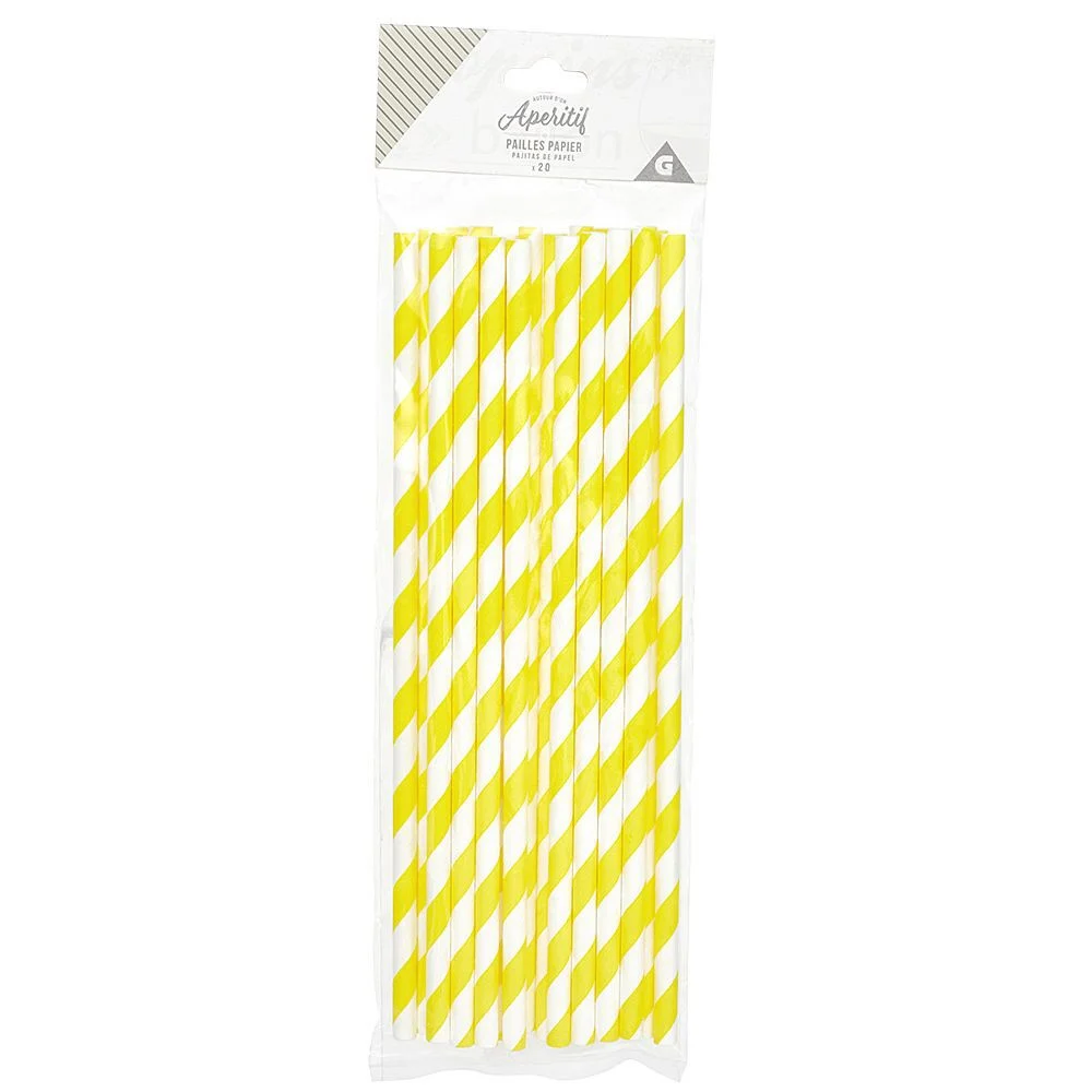 Paille jetable en papier motif chevron blanc et jaune x20