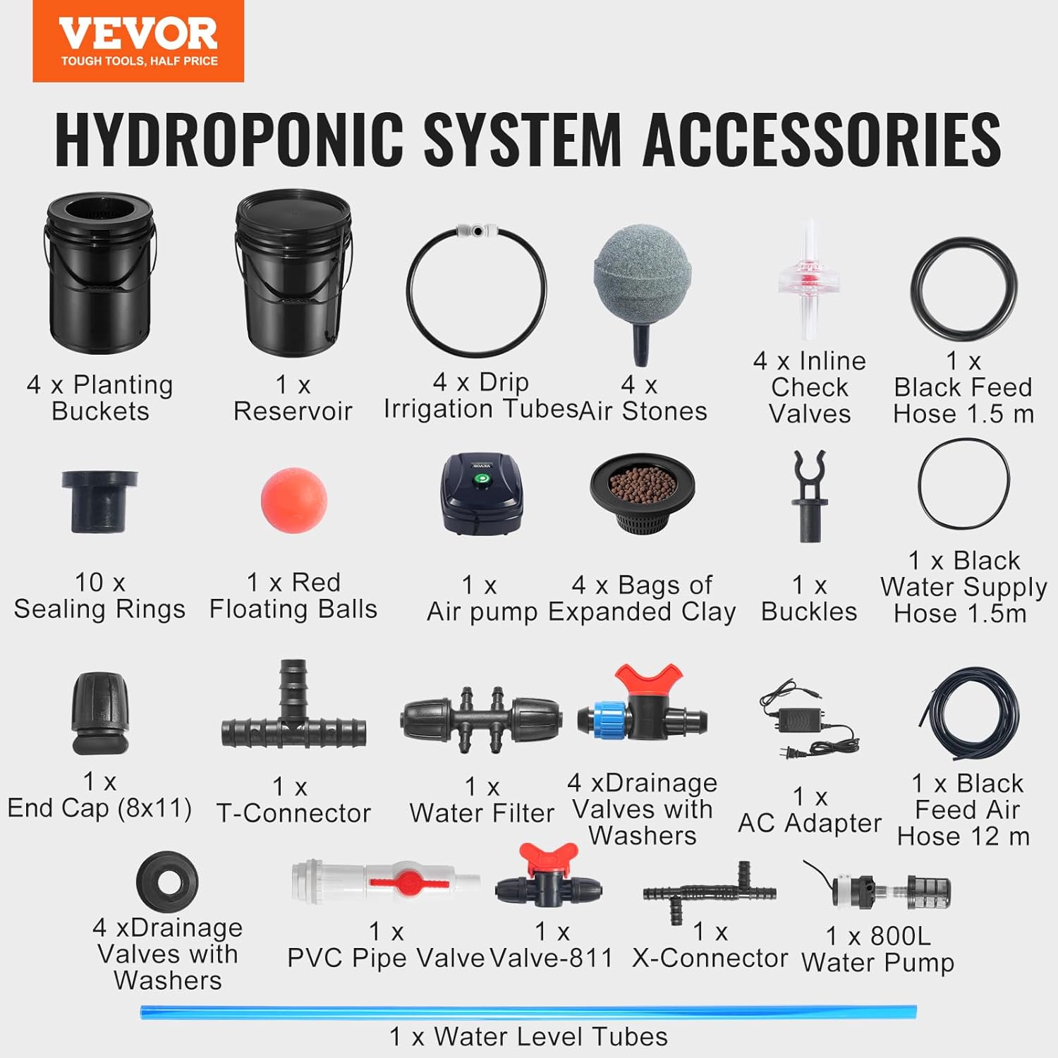 VEVOR RDWC Hydroponisches Anbausystem, Hydrokultur Anzuchtsysteme mit Tropfsystem, Umwälz-Tiefwasserkultur, 4 Eimer und 1 Reservoir, mit Luftpumpe und Wasserstandsanzeige für Blattgemüse