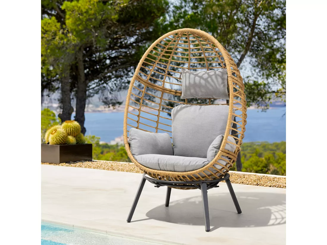 Fauteuil oeuf inclinable en résine tressée - Gris naturel - YOGI - YOGI