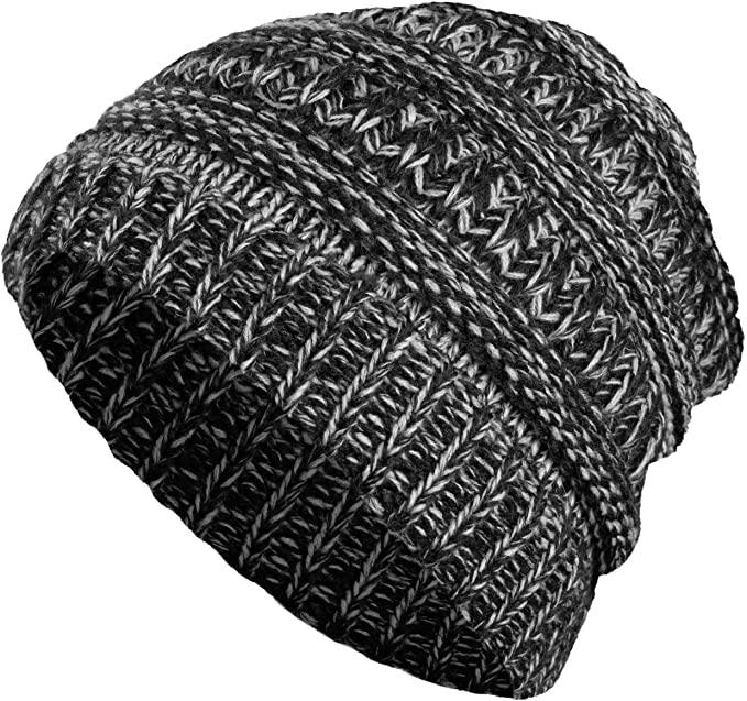 Damen Strickmütze mit Zopfloch Winter Mütze für Pferdeschwanz   Zöpfe (One Size) - Schwarz / Grau