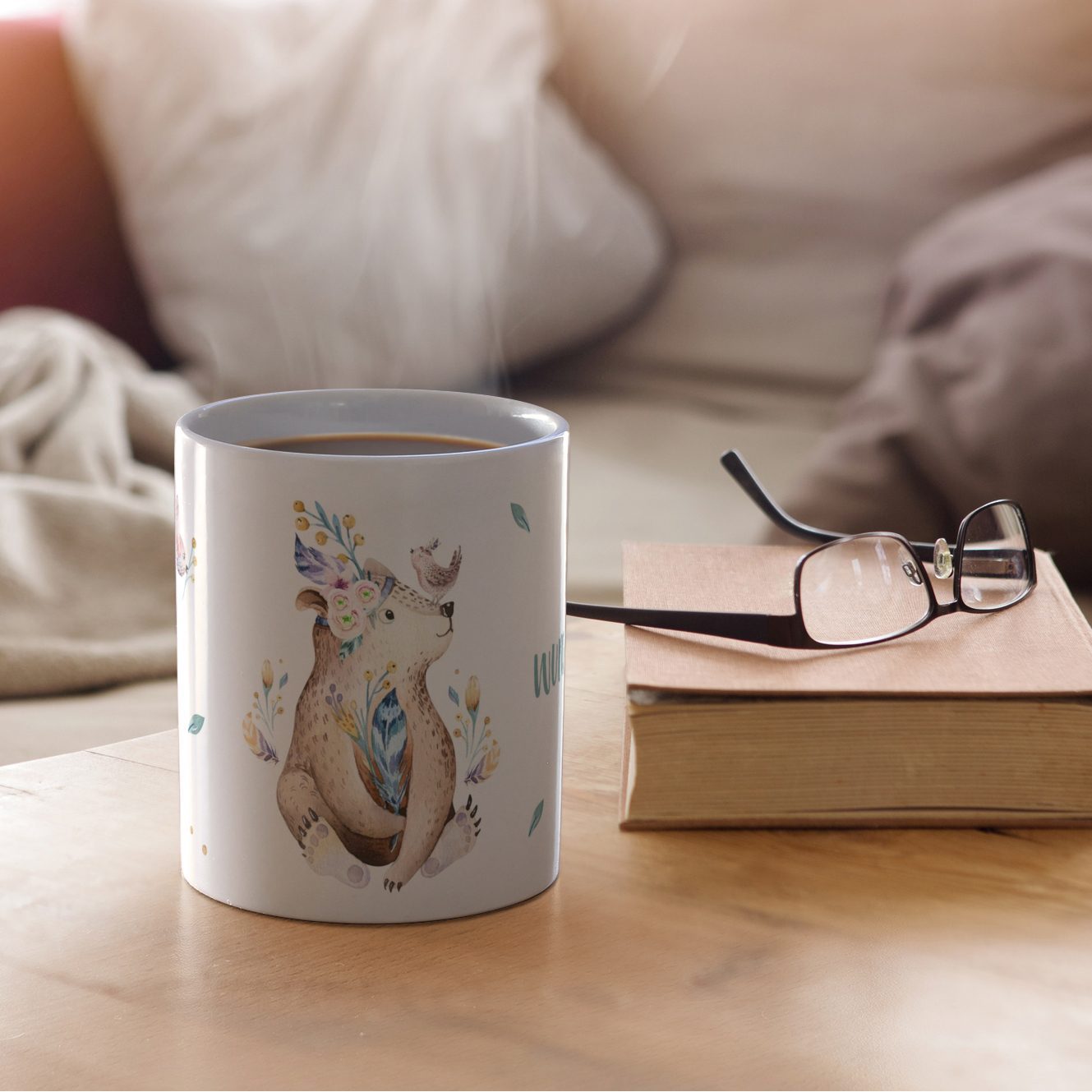 Personalisierte Panorama-Tasse, weiß (Motiv: Bär)