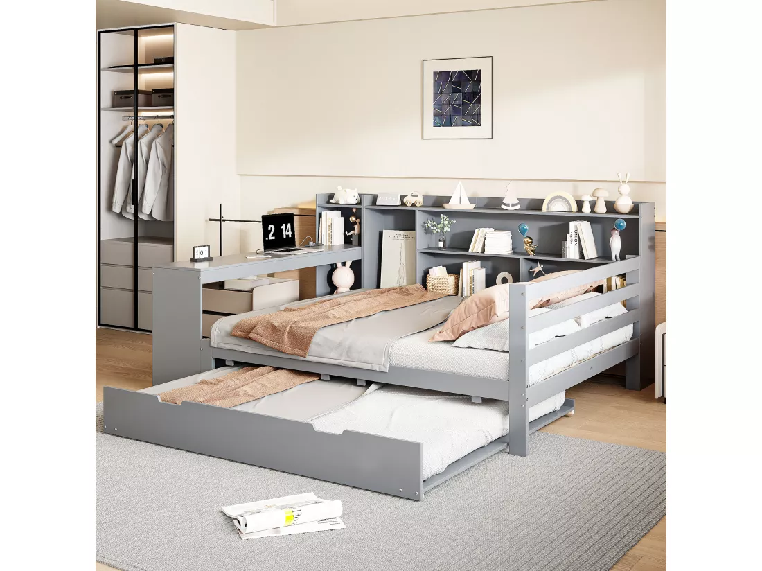 Lit gigogne 140 x 200 cm + 90 x 190 cm - avec bureau, compartiments et prises USB - Pin + contreplaqué + MDF - Gris