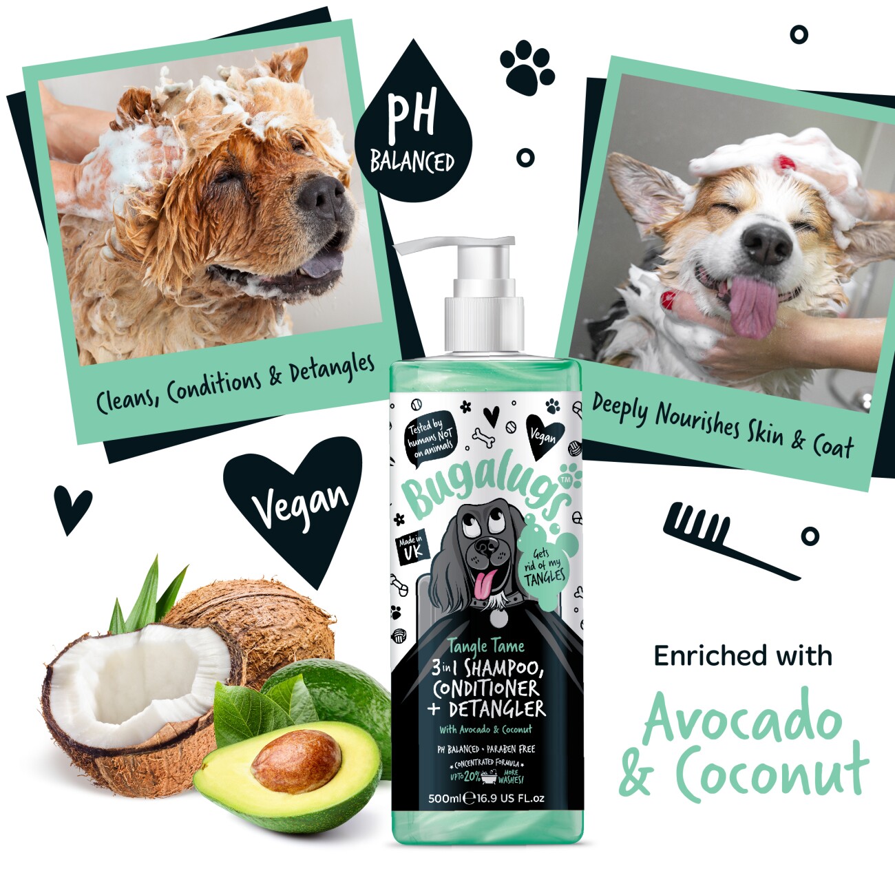 Bugalugs Tangle Tame 3-in-1 – Shampoo, Conditioner & Entfilzer mit Avocado & Kokosnuss