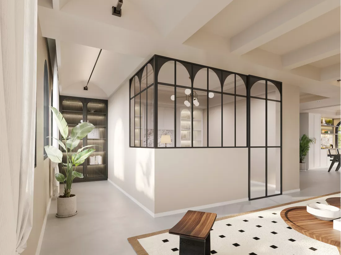 Verrière d'angle d'atelier art déco en aluminium thermolaqué - L180 x L120 x H130 - Noir - ARCADEA