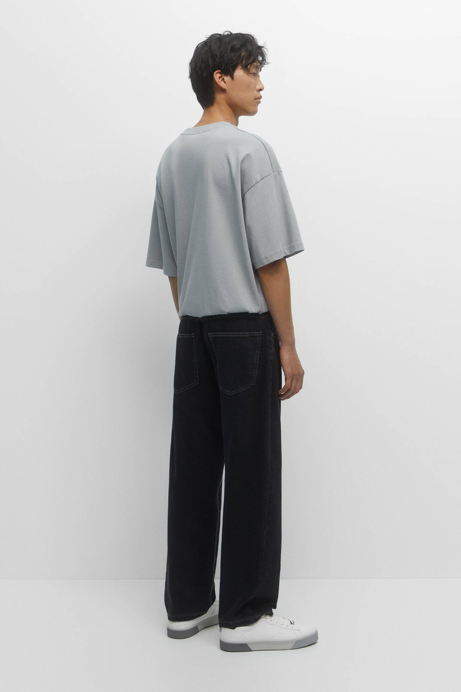 CALÇA JEANS DE ALGODÃO DE PERNA LARGA - PRETA