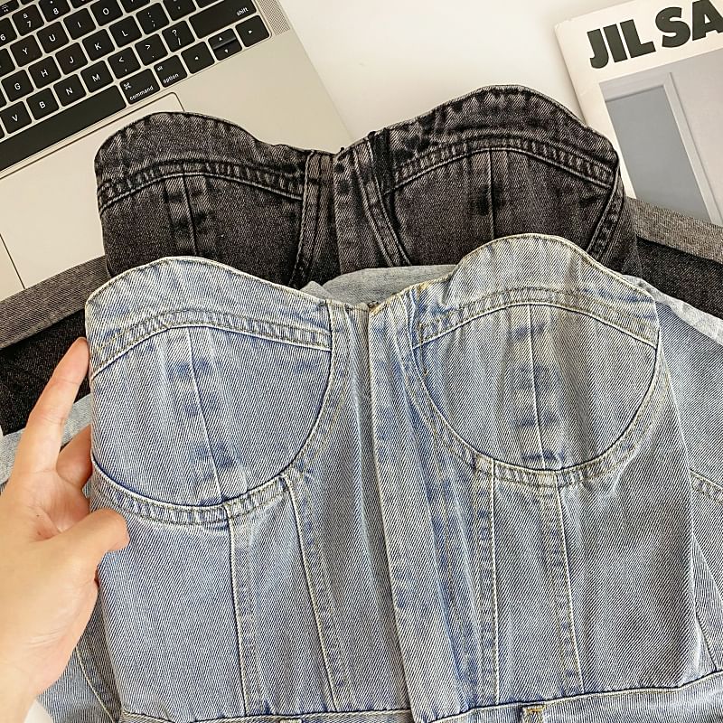 Iasia - Strapless gewassen denim romper