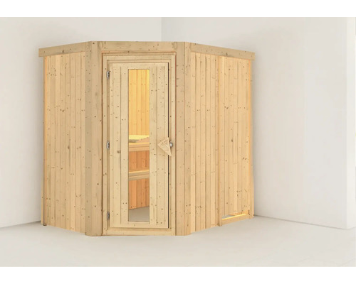 Karibu Carina modulaire sauna zonder oven en dakrand, met houten deur en geïsoleerd glas.