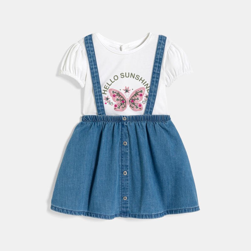Jupe à bretelles en denim bleu et t-shirt blanc bébé fille Bleu
