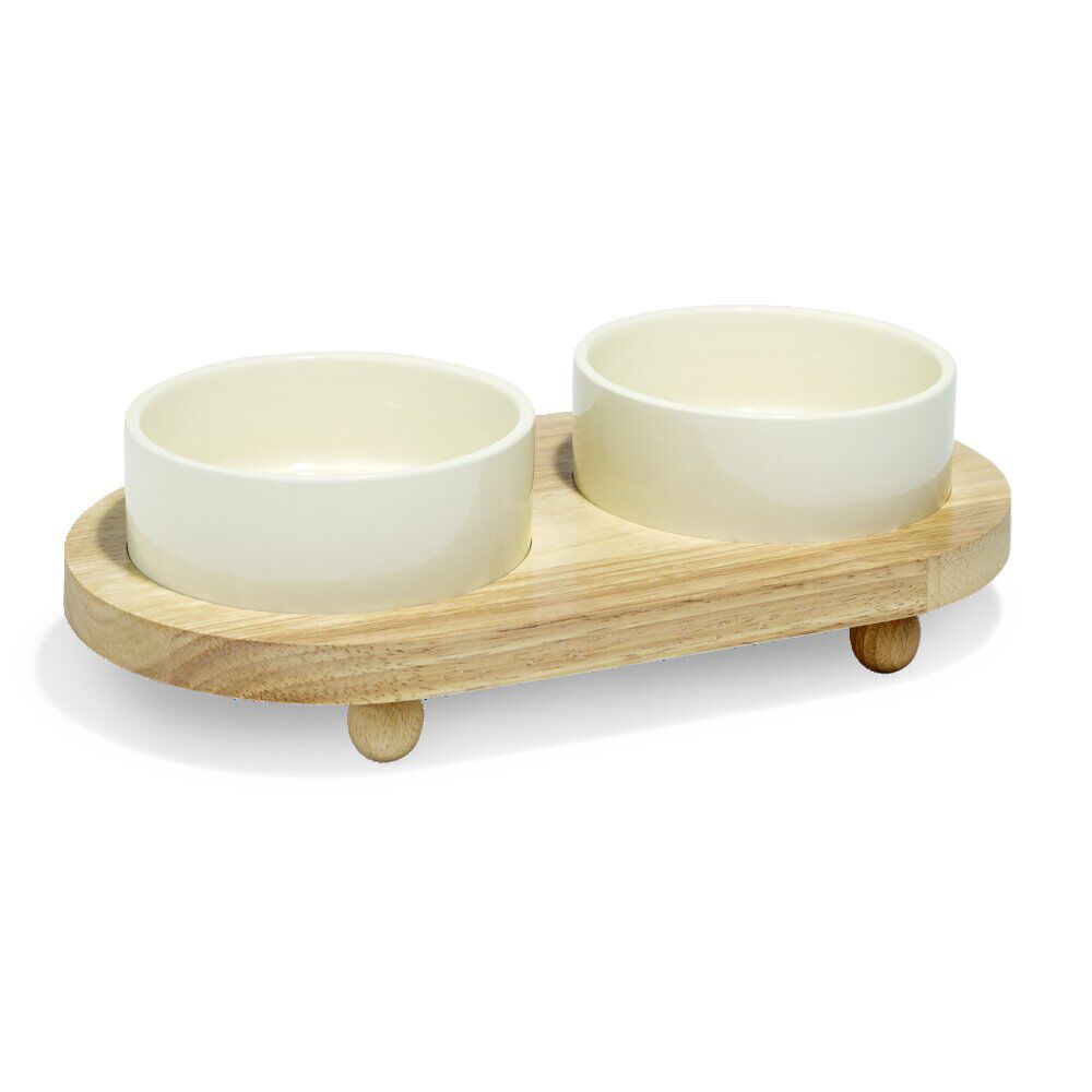 Gamelle double pour chien en dolomite avec socle en bambou