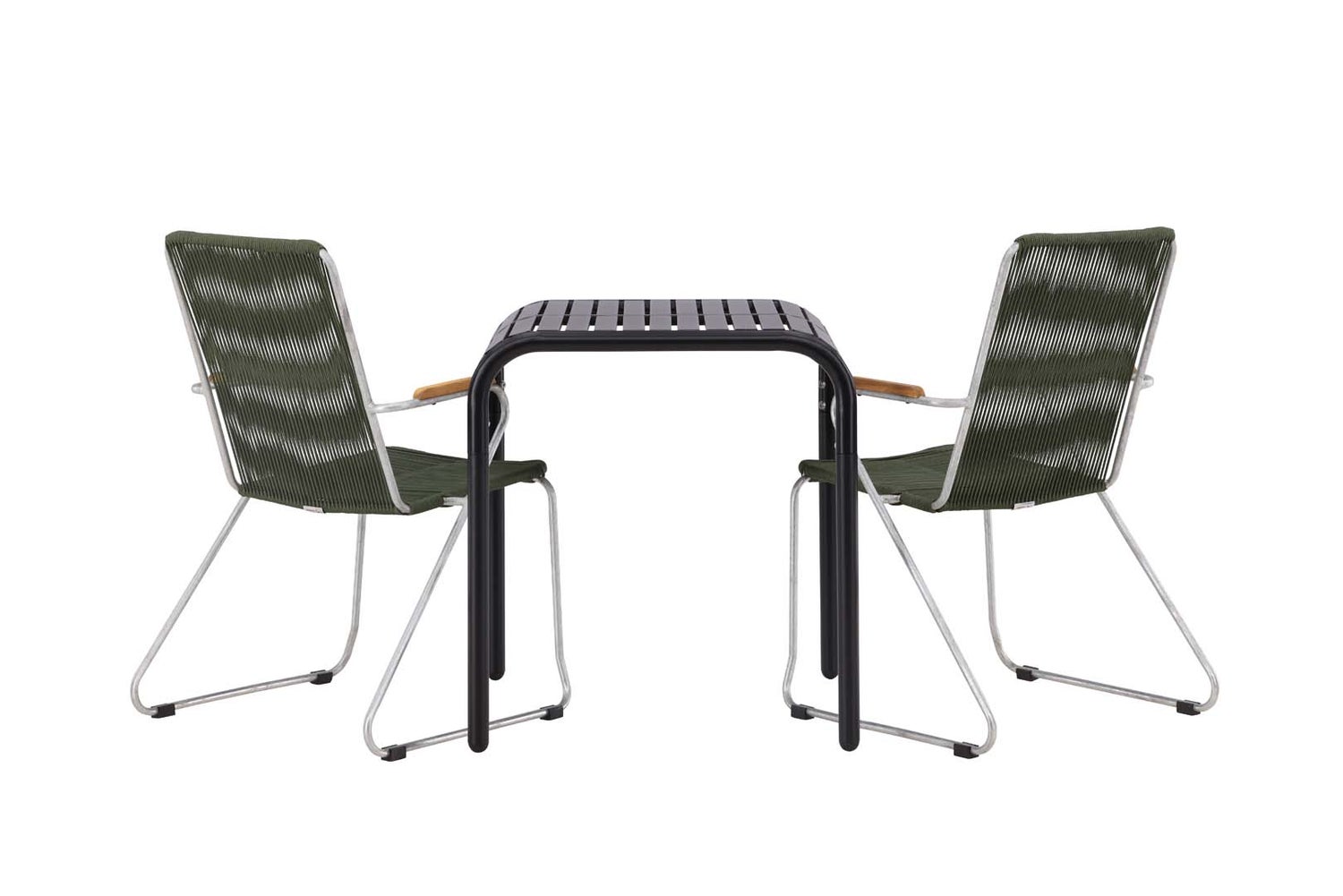Borneo tuinset: tafel, 2 stoelen, zwart en groen. 70 x 70 x 75 cm