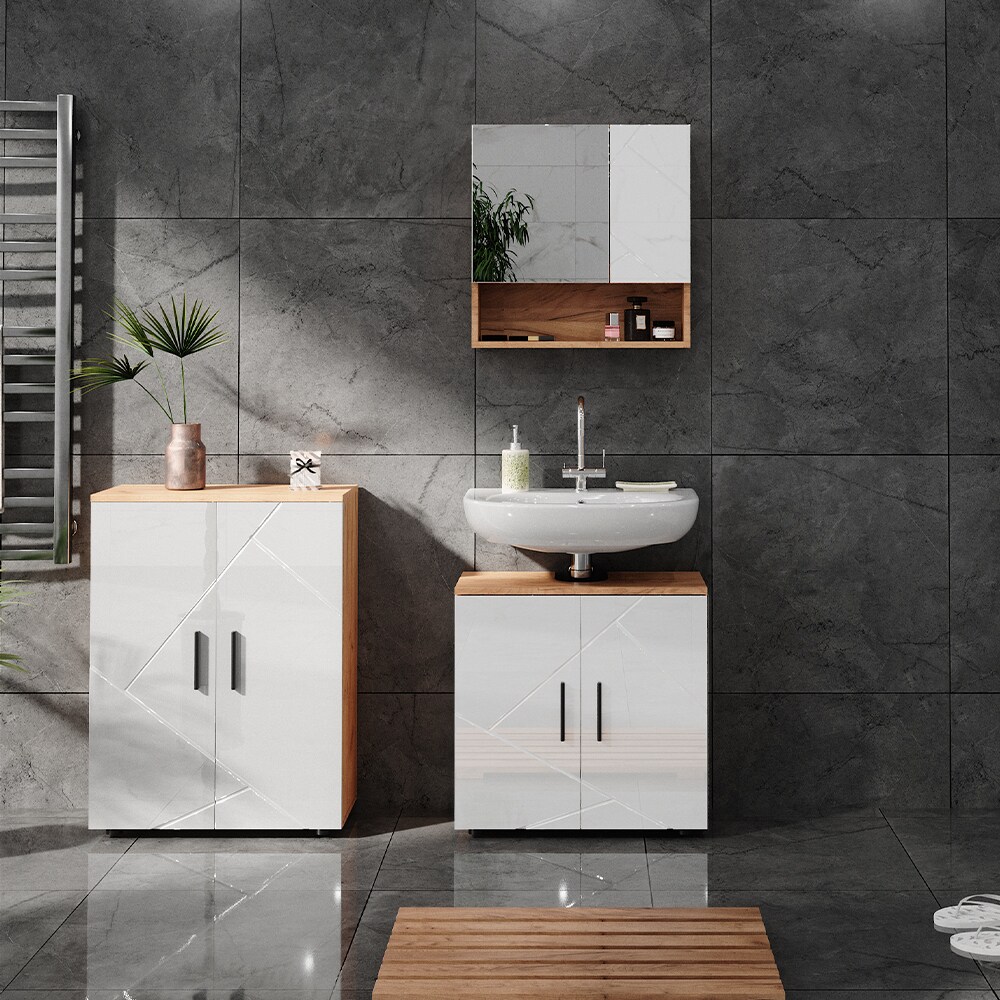 Vicco Badmöbelset Irma Eiche Weiß Hochglanz modern Badezimmerschrank Badschrank Badezimmermöbel Waschtischunterschrank Spiegelschrank Kommode Schranktür Schrankfach