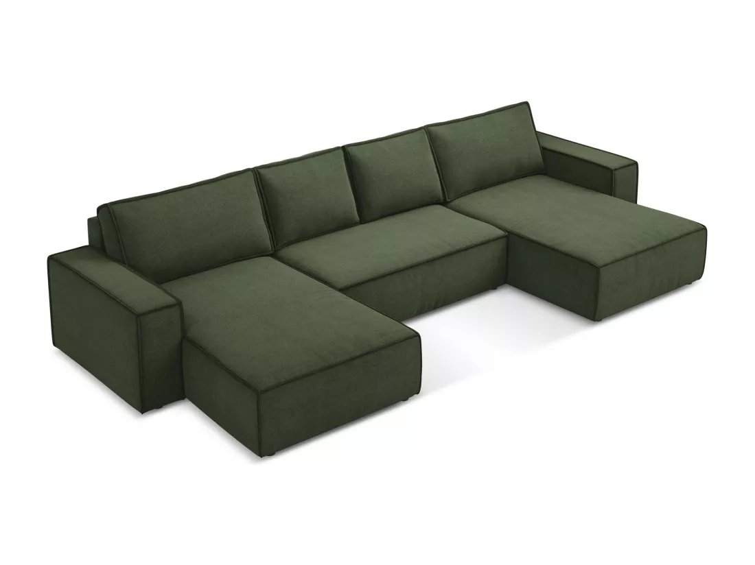 Canapé d'angle panoramique convertible en tissu texturé - olive - KIMO