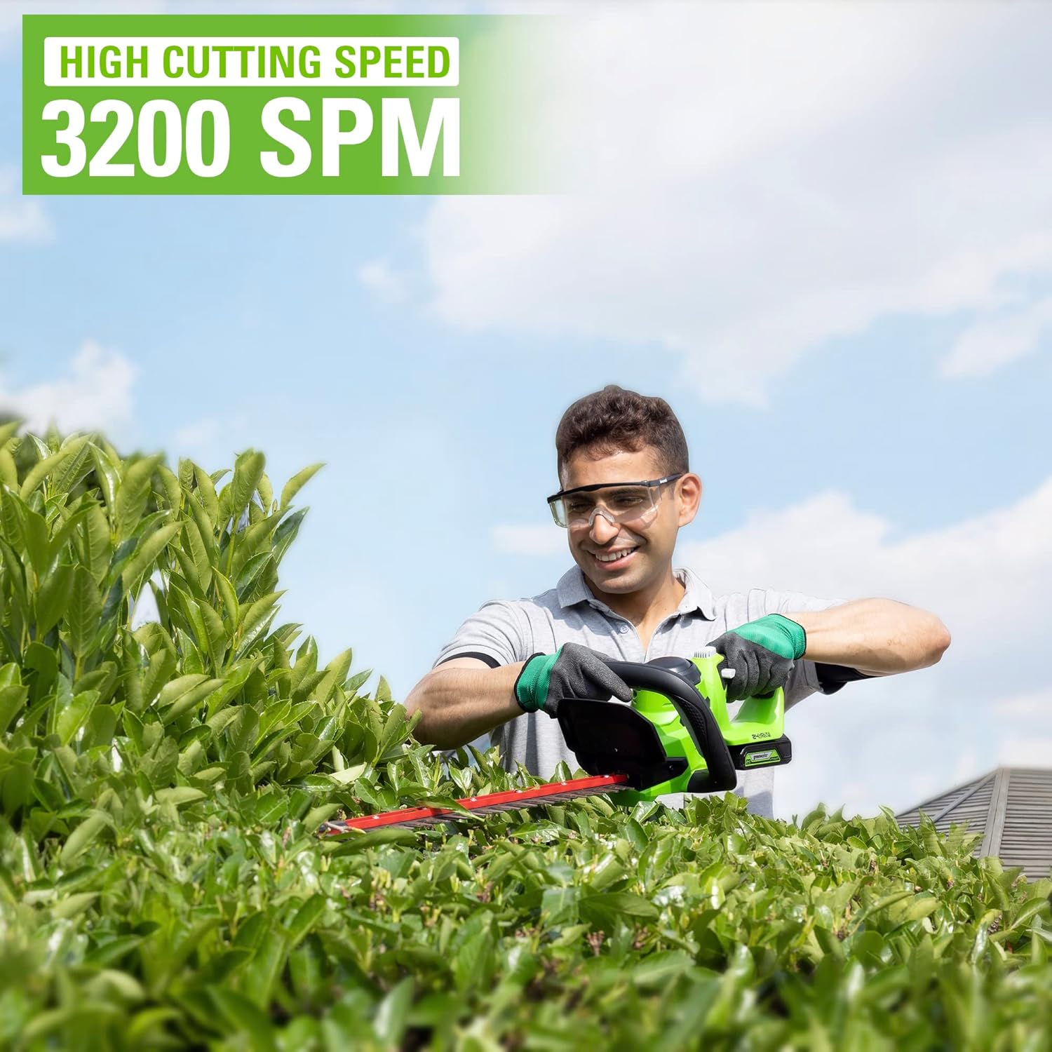Greenworks Akku-Bürstenlose Heckenschere 24V GD24HT61K2, 61cm Dual Action Klinge, schneidet bis zu 25.4mm dicke Zweige und Stämme 3200 spm mit 2Ah Akku-Ladegerät, 3-Jahres-Garantie