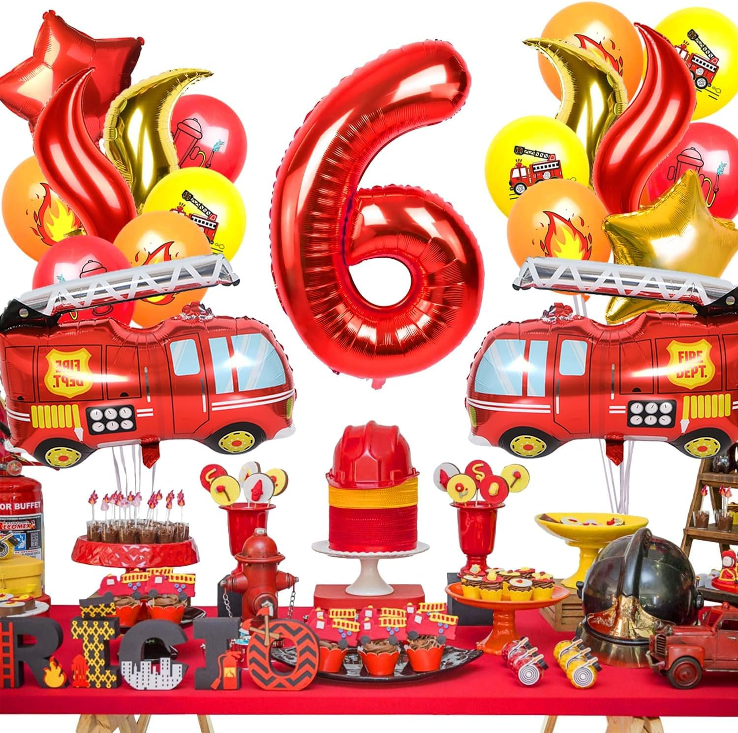 (21-tlg. Set) Zahlen Ballon Kinder Geburtstags Party Folienballon inkl. Latex Luftballons - Zahl 6 / Feuerwehr