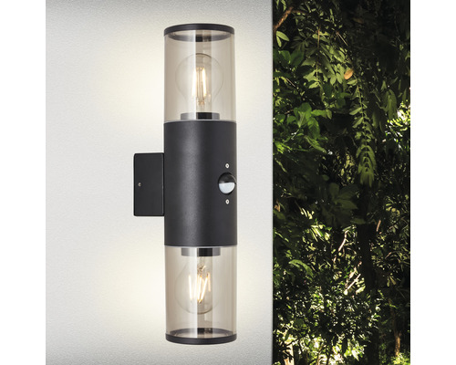 Sensorgestuurde buitenwandlamp, 2-lichts, Sergioro, zwart/gerookt glas