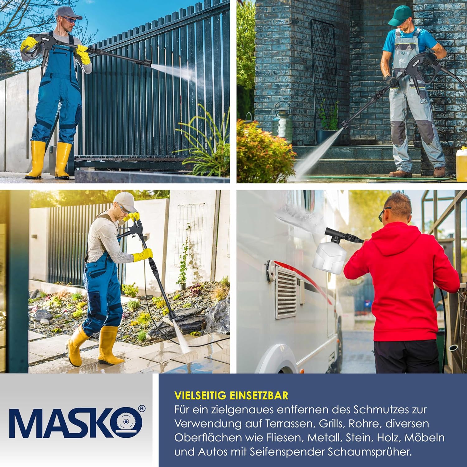 MASKO® Hochdruckreiniger 2200 Watt 165 bar 450 l/h, mit Spule Schlauchtrommel 10m Schlauch 9 TLG Zubehör Set, mit Handschuhen, Seifenflasche, Schaumdüse, Hochdruckpistole für Autos/Zäune/Garten/Patios