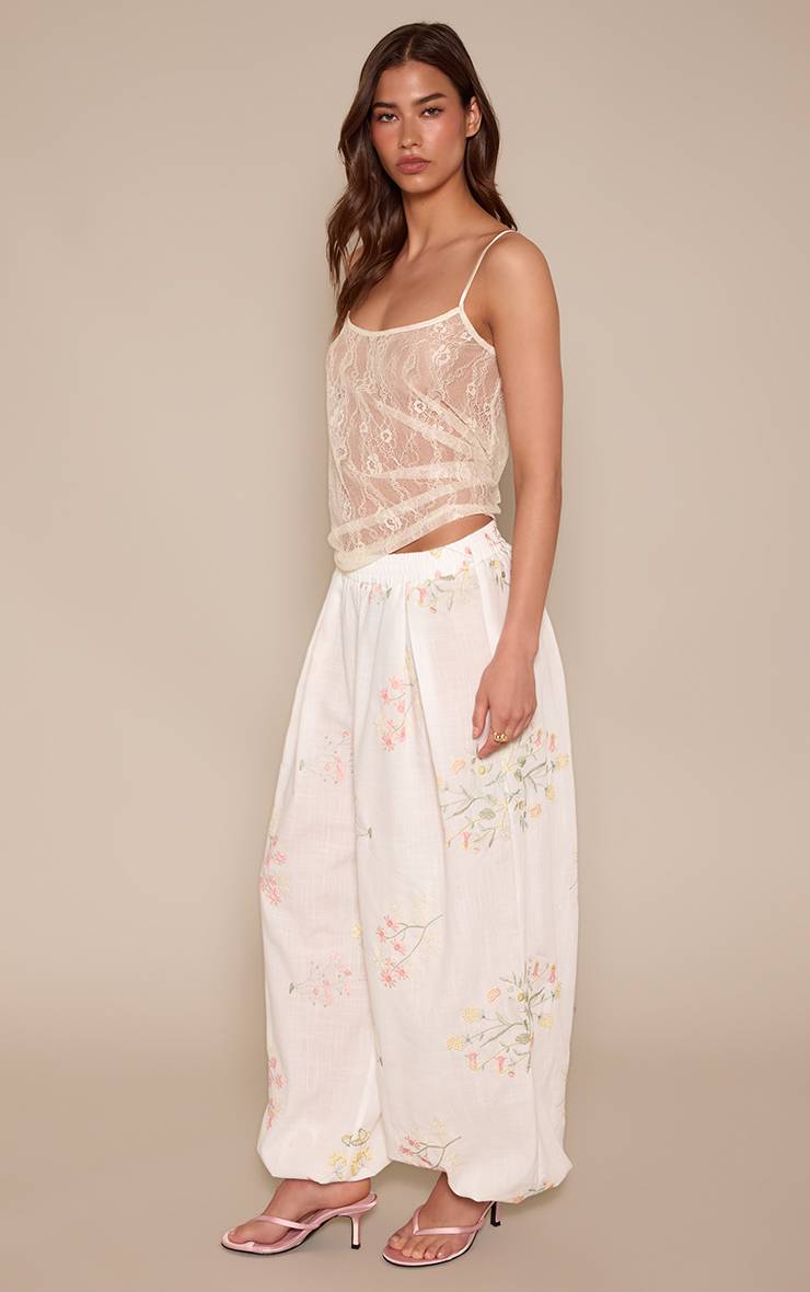 Blanc Pantalon Ballon Brodé De Motifs Floraux