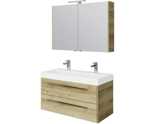 Badkamermeubelset Pelipal Milano (B x H x D): 100 x 200 x 45 cm, frontkleur: Riviera eiken, met dubbele wastafel in wit gegoten mineraal (SET-138-047)