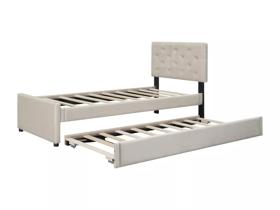 Lit gigogne 90 x 200 cm + 90 x 190 cm avec tête de lit - velours - beige (sans matelas)