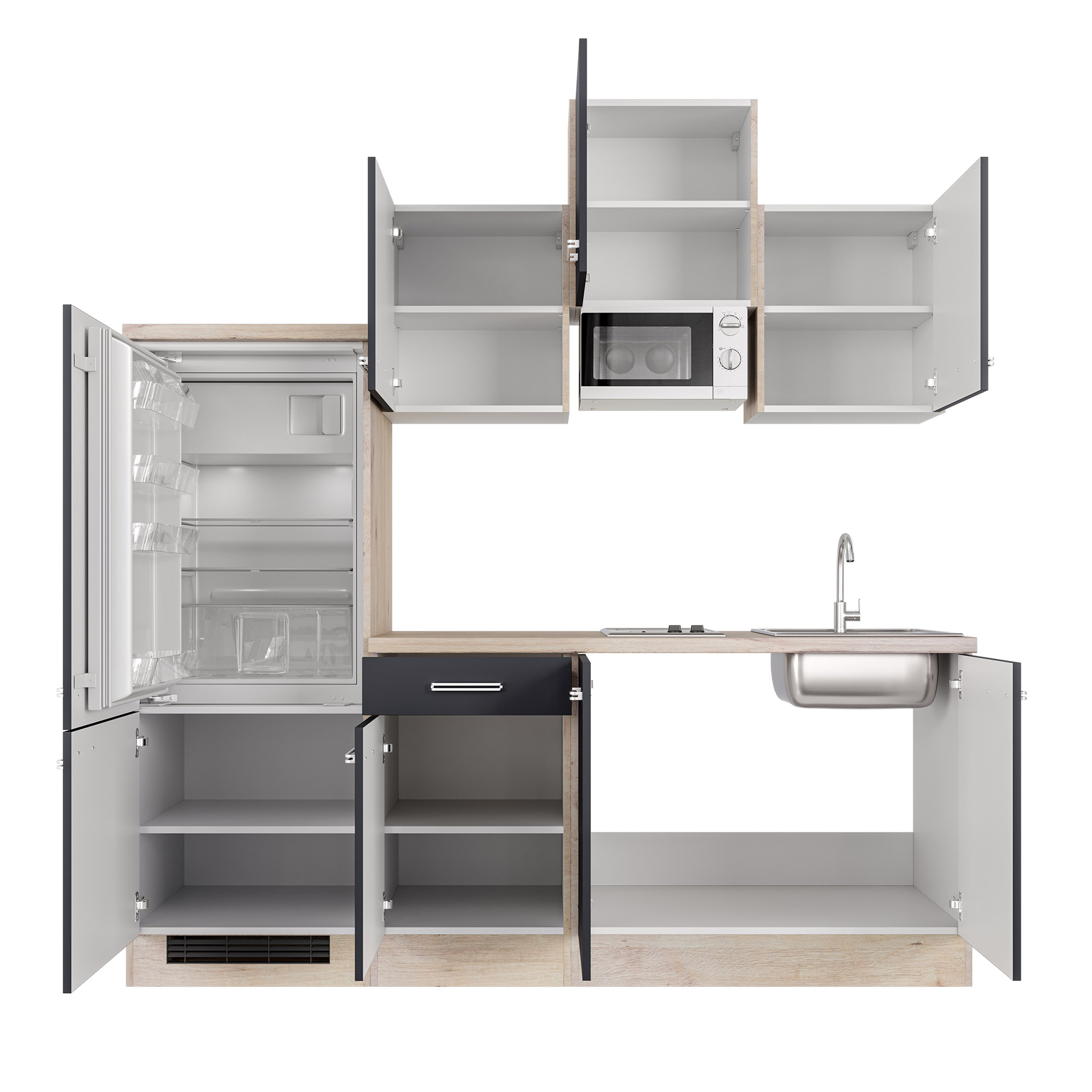 Küchenblock RISENTO - anthrazit Miniperl - San Remo Eiche hell - mit E-Geräten - 210 cm