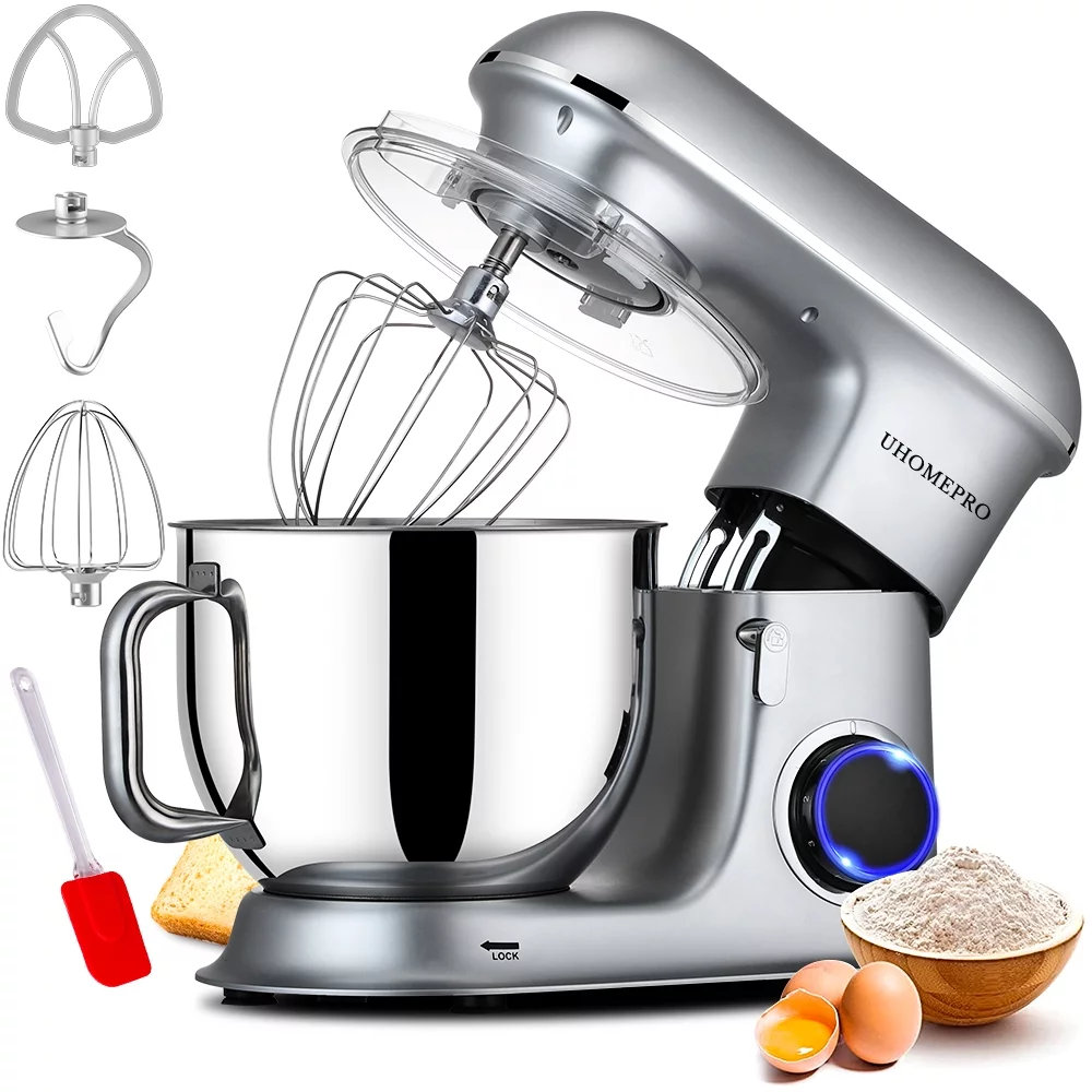 Batedeira de pedestal uhomepro de 7,5 QT para cozinha, 6 velocidades + 0 + P, cabeça inclinável, 660 W, batedeira elétrica para massa, uso doméstico e comercial, com gancho para massa, batedor, batedor de ovos, espátula, própria para lava-louças.