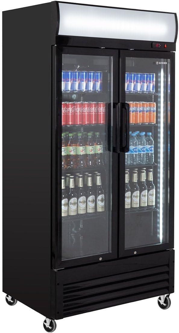 Getränkekühlschrank Eco 630 mit Leuchtaufsatz & Klapptüren, 8 verstellbare Böden, 630L Kühlraum, Glastür, Innenbeleuchtung, Gastronomiebedarf, schwarz für Gewerbe & Gastro