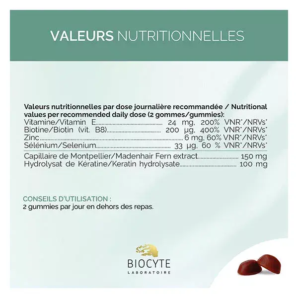 Biocyte Kératine Anti-Chute & Beauté des Cheveux Kératine, Biotine 60 Gummies