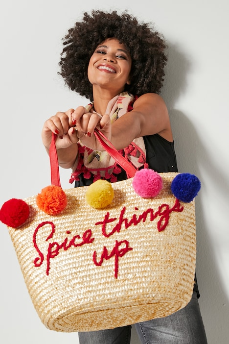 Basttasche, Schriftzug, farbige Pompoms