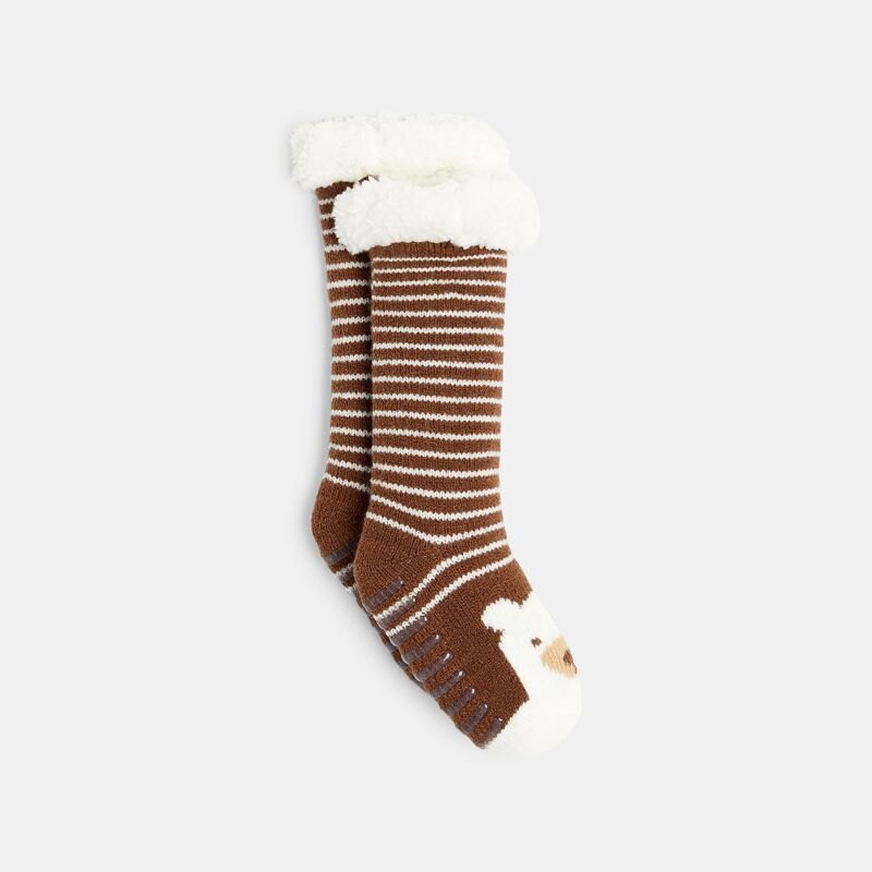 Chaussettes fourrées sherpa antiglisse ours marron bébé garçon Marron